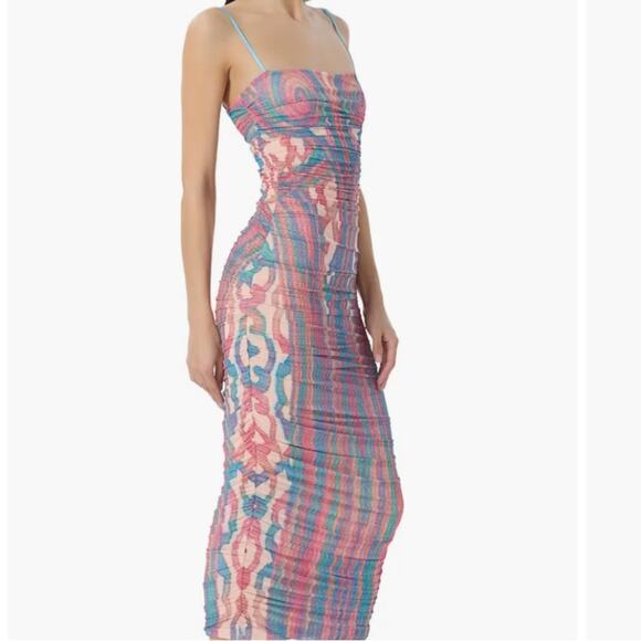 AFRM Hazel Printed Ruched Mesh Midi Dress Size Large NWT - Picture 2 of 7